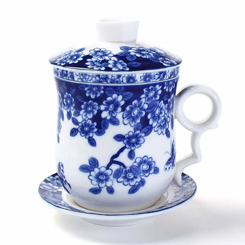 Синьо-бялата порцеланова керамична офис чаша от четири части с капак, включително филтриращо оборудване, персонална чаша за обяд, подарък конференция Изображение 2