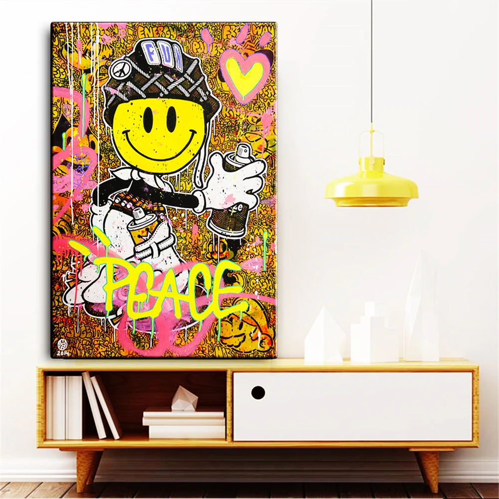 Усмивка на Света Розово Модерен Графити Уличен Поп Арт Плакат на Платно Картина Печат Стенни Картина за Хола Декорация на Дома Изображение 1