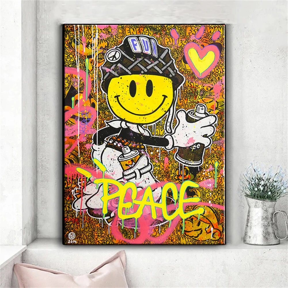 Усмивка на Света Розово Модерен Графити Уличен Поп Арт Плакат на Платно Картина Печат Стенни Картина за Хола Декорация на Дома Изображение 3